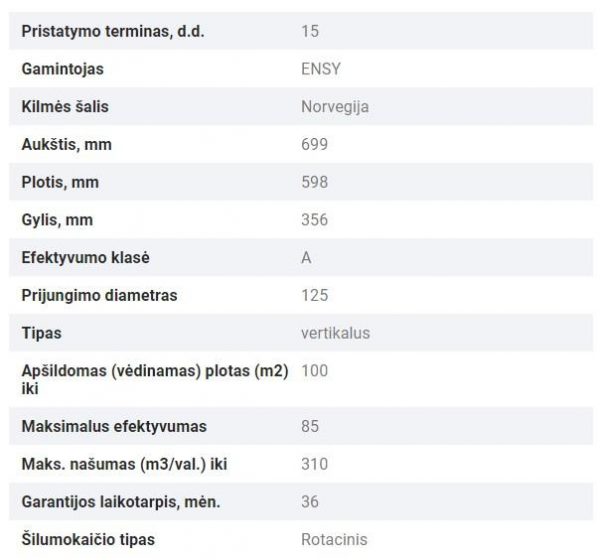 ENSY AHU-200H vertikalus dešinės pusės rekuperatorius 260m³/h su integruotu Wi-fi valdymo pultu spalvotu ekranu