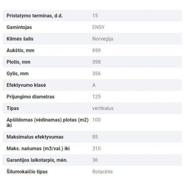 ENSY AHU-200H vertikalus dešinės pusės rekuperatorius 260m³/h su integruotu Wi-fi valdymo pultu spalvotu ekranu